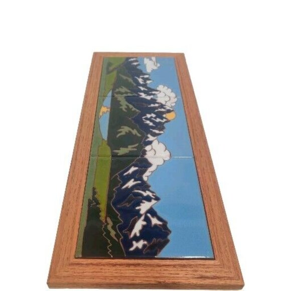 Mountain Moon Reflection Triptych Native Folk Art Deco (3) 6" Tiles 20x8" Framed - Picture 5 of 14